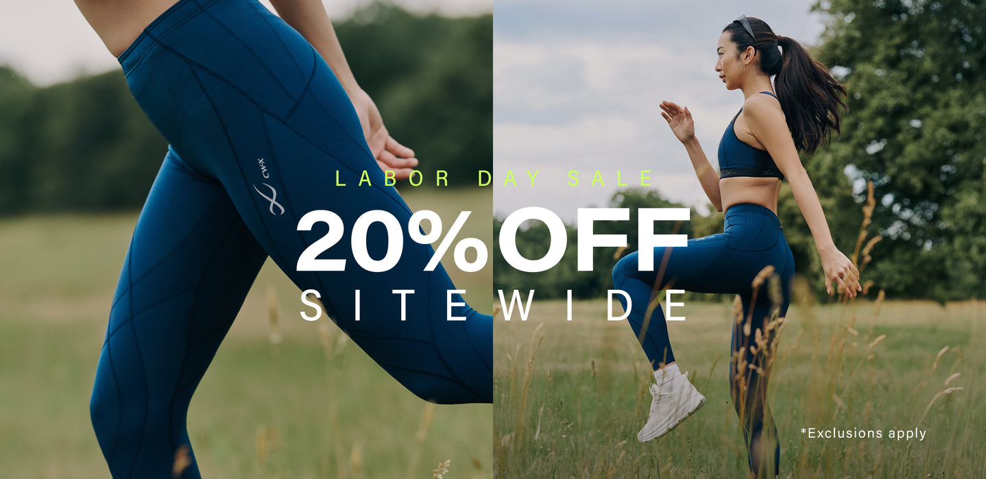 A split promotional banner showing a woman in blue CW-X leggings and matching CW-X bra outdoors in a grassy field, with large text reading 'LABOR DAY SALE 20% OFF SITEWIDE' and smaller text '*Exclusions apply'.